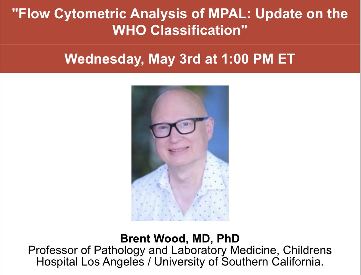 Please join us for our next <a href="/SocforHemepath/">SocforHemepath</a> Grand Rounds on 5/3 for Dr.  Wood's presentation on MPAL, updates in its classification, and flow cytometric approaches to lineage assignment. #hemepath

We hope you can attend! Click here to register: spltrak.zoom.us/webinar/regist…