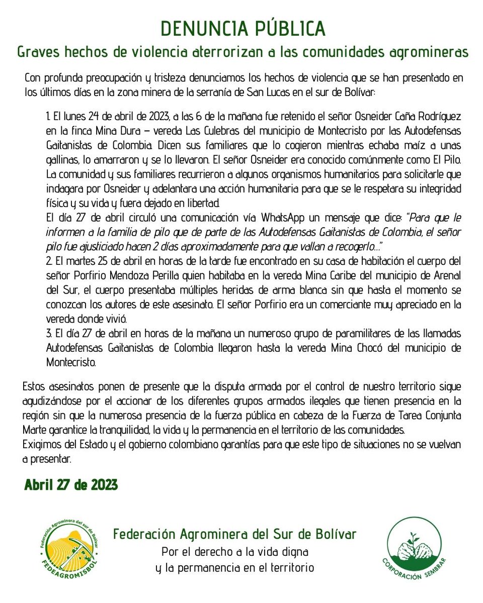 #DenunciaPublica de la grave situación de violencia en el #SurdeBolívar que tiene aterrorizados a los pobladores