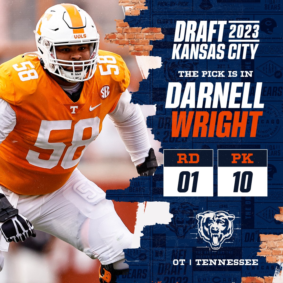 With the No. 10 overall pick in the 2023 <a href="/NFLDraft/">NFL Draft</a>, the <a href="/ChicagoBears/">Chicago Bears</a> select Darnell Wright!

<a href="/NewEraCap/">New Era Cap</a> | #DaBears 

📺: 2023 #NFLDraft on NFLN/ESPN/ABC
📱: Stream on NFL+ bit.ly/3Nk9PrV