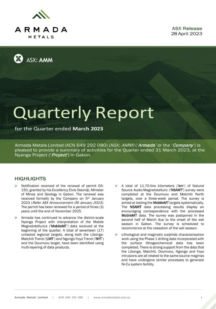 RapidMetals_RCM's tweet photo. $AMM is pleased to provide a summary of activities for the Quarter ended, 31 March 2023, detailing it's exploration activities at the belt-scale Nyanga Nickel-Copper Project in Gabon.
 
#nickel #copper #exploration #africa #reporting #asx
 
ASX Link: https://t.co/Xy9lnU8g7N https://t.co/hzt0XryY11