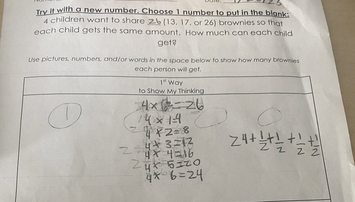 I have been thinking about how this student solved this word problem all day. The mathematical connections and flexible thinking in this strategy…wow. 🎉 <a href="/MathematicsFcps/">FCPSMathematics</a> <a href="/FairhillES/">FairhillES</a>
