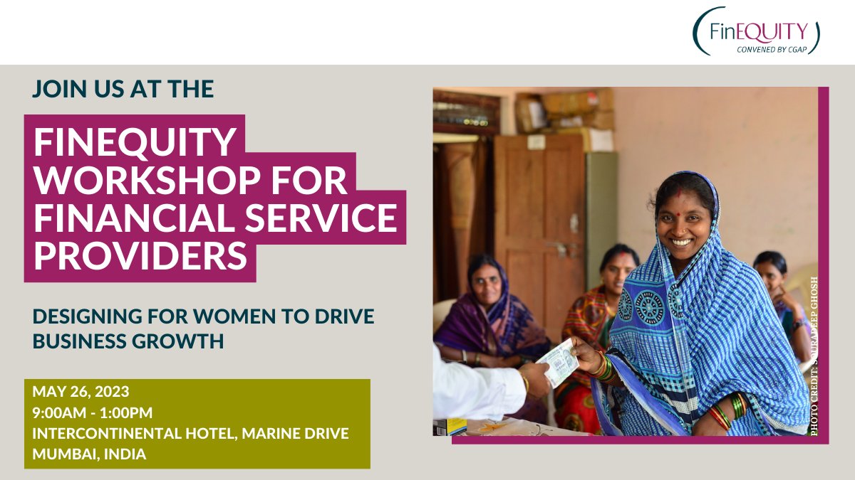 📢IN-PERSON WORKSHOP: Join <a href="/nishasingz/">Nisha Singh</a> (<a href="/FinEquityGlobal/">FinEquity</a>), <a href="/AntoniqueKoning/">Antonique Koning</a> (<a href="/CGAP/">CGAP</a>) and <a href="/mvDimova/">Marina Dimova</a> (<a href="/womensworldbnkg/">Women's World Banking</a>)  in #Mumbai to learn how banks, #FinTechs &amp; #MFIs can adopt a gender-intelligent approach to product design.

>> Register: findevgateway.org/finequity/trai…