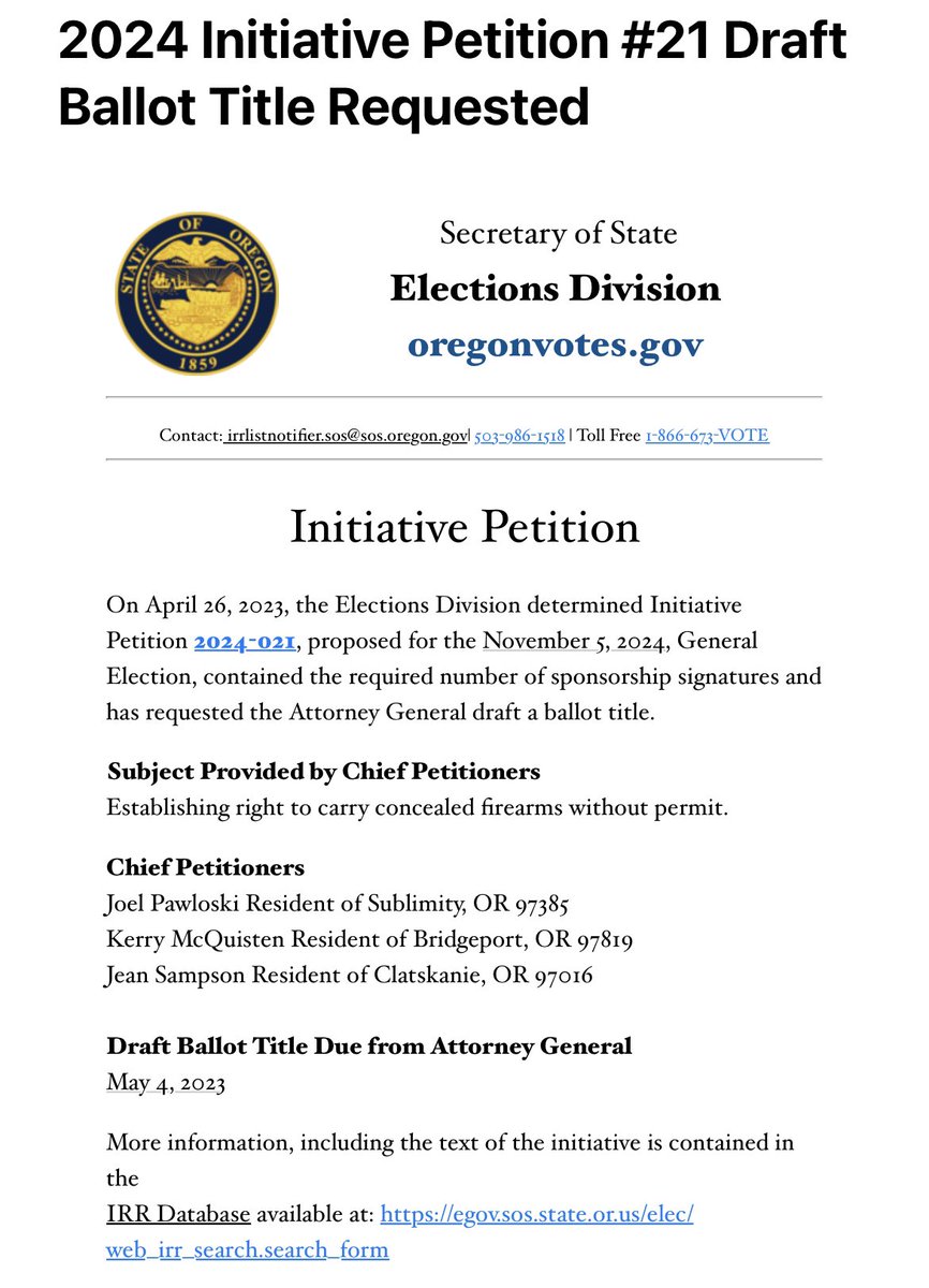 KerryMcQ4Oregon's tweet photo. Woot! Onward to the ballot title next. #2A#orpol #CCFO #constitutionalcarry #shallnotbeinfringed https://t.co/2xAxKwJxWQ