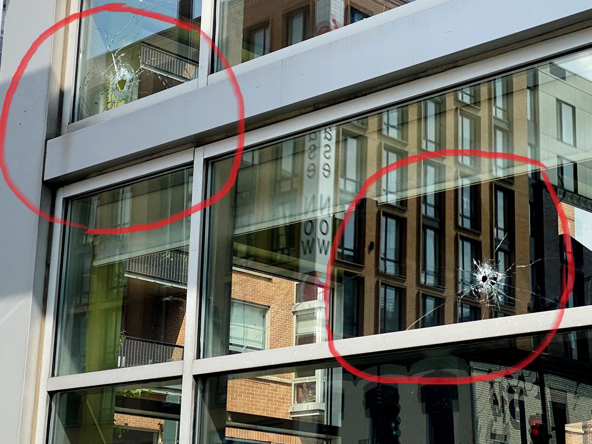 alanhenney's tweet photo. Miraculously,  DC has not had a contact-shooting reported all day long! But gunshots did hit the windows at @busboysandpoets around 1:42 a.m. today at 14th St and V St NW. No injuries. #CardozoDC @sabelward1 https://t.co/tV3T71f3pY