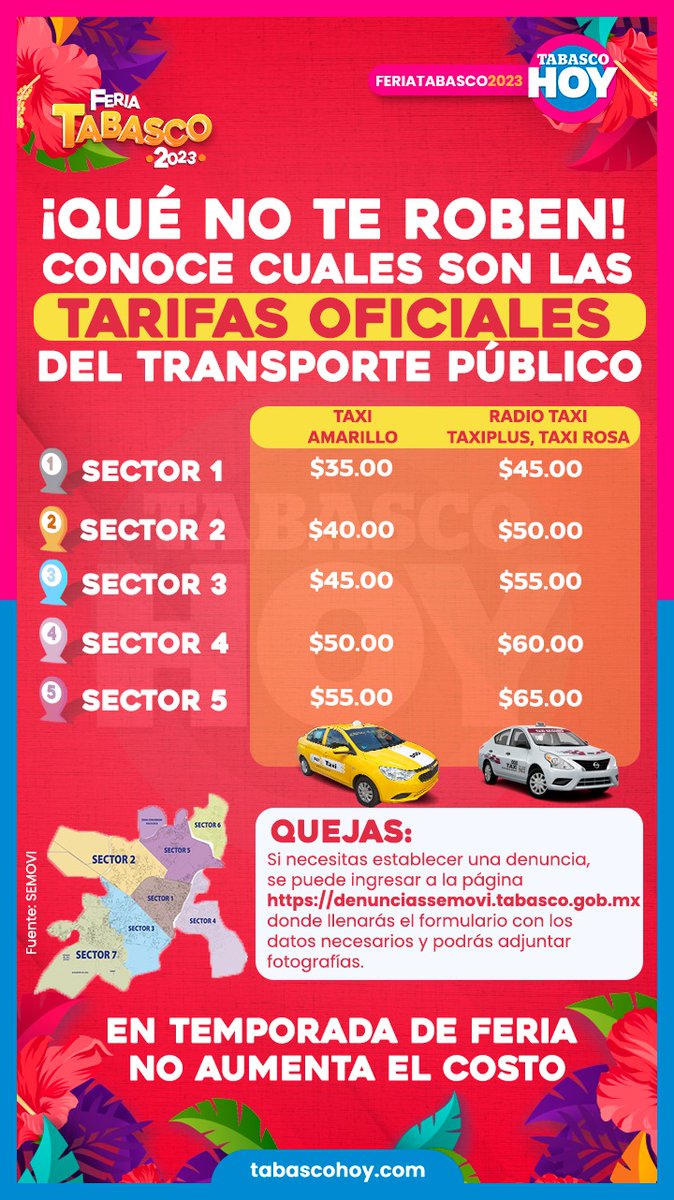 TabascoHOY's tweet photo. #FeriaTabasco2023.🌺| ¡Qué no te roben!🛑👀 Estas son las tarifas oficiales del transporte público.💰🚖 En temporada de #Feria NO aumenta el costo.🫰🏼 La tarifa dependerá del sector.📍🚕   
https://t.co/Y92AovkGBT https://t.co/94rdt8OikH