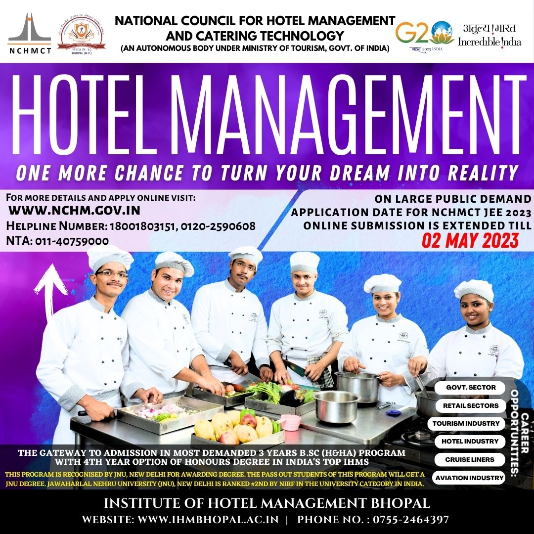 Boost your career with a hospitality degree from Jawaharlal Nehru University by enrolling yourself at IHMs under NCHMCT.  Apply Now: nchm.nic.in #NCHMJEE #NCHMJEE2023 #IHM #NCHMCT <a href="/nchm_noida/">National Council for Hotel Mgmt & Catering Tech</a> <a href="/MPTourism/">Madhya Pradesh Tourism</a> <a href="/tourismgoi/">Ministry of Tourism</a>
