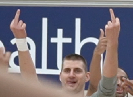Nikola Jokic reminding everyone at Nuggets practice how many NBA MVPs he has.