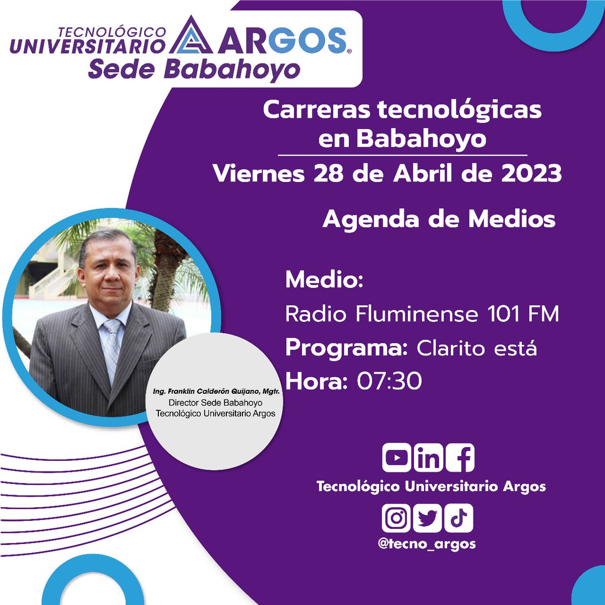 Sintoniza la entrevista de nuestro director de la sede #ArgosBabahoyo, Franklin Calderón. 🗣️
Informará sobre las carreras tecnológicas en #Babahoyo.

📻 7:30 am 

<a href="/FluminenseRADIO/">Radio Fluminense 101.5FM 🇪🇨</a>