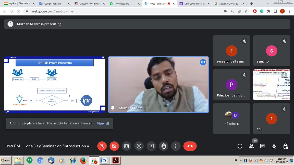 SSMVBhilai's tweet photo. Research cell, under the Guidance of IQAC of Shri Shankaracharya Mahavidyalaya in Association with *IPFID- Research Amplified* organized a  One Day  Seminar on *' Introduction and Importance of Patent, Copyright and Trademark '*  on *27/04/2023* via. blended mode. https://t.co/CiysrLEzfY