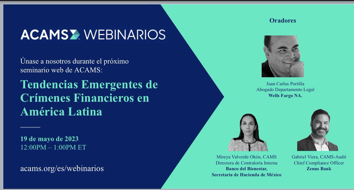 PortilCarlo's tweet photo. Seré orador en este Webinar de ACAMS el próximo 19 de Mayo. I will be one of the speakers at this ACAMS Webinar on May 19: Emerging Financial Crime Trends LATAM. https://t.co/eBMbXz3xFG