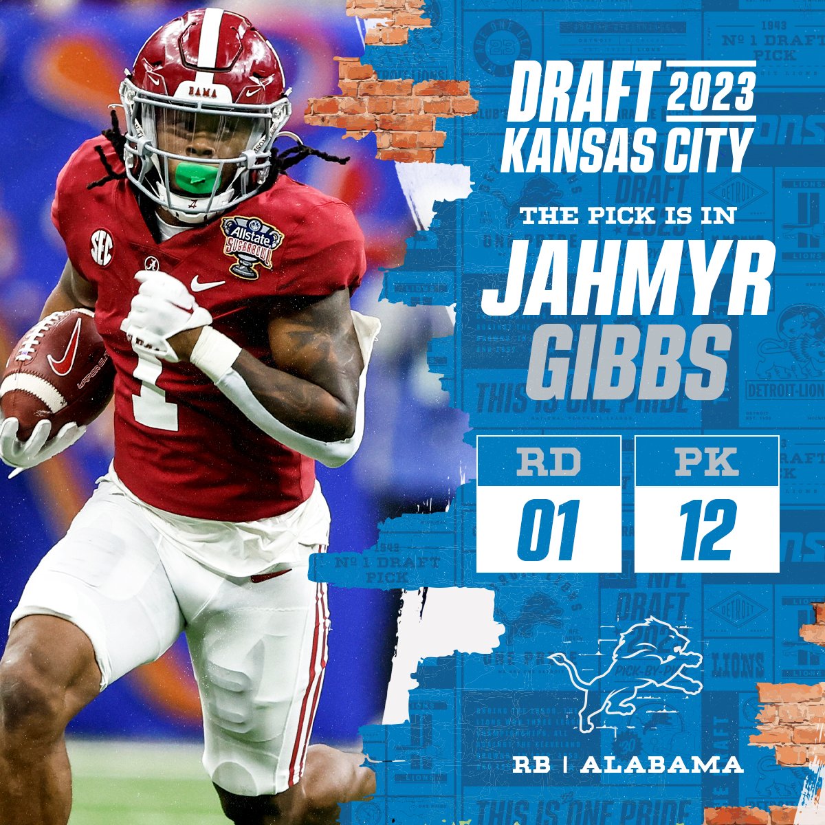 With the No. 12 overall pick in the 2023 @NFLDraft, the @Lions select Jahmyr Gibbs! @NewEraCap | #OnePride 📺: 2023 #NFLDraft on NFLN/ESPN/ABC 📱: Stream on NFL+ bit.ly/3Nk9PrV