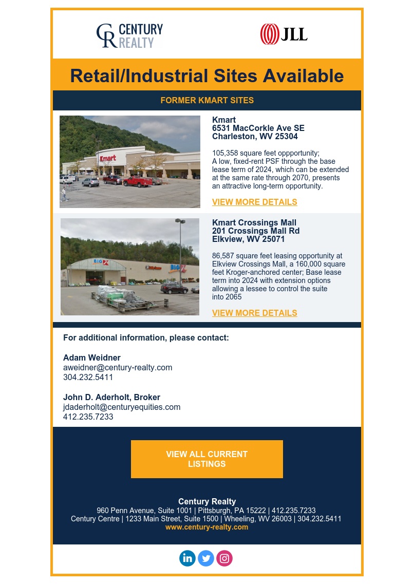 Century_Realty's tweet photo. Former #Kmart Sites Available In #WestVirginia | Low Rent Opportunities. Contact Adam Weidner or John Aderholt from @Century_Realty at 304-232-5411 for more details. #cre #commercialrealestate #realestate #retail #industrial #CenturyRealty #CORFAC #CORFACInternational https://t.co/wbx6viJn9p