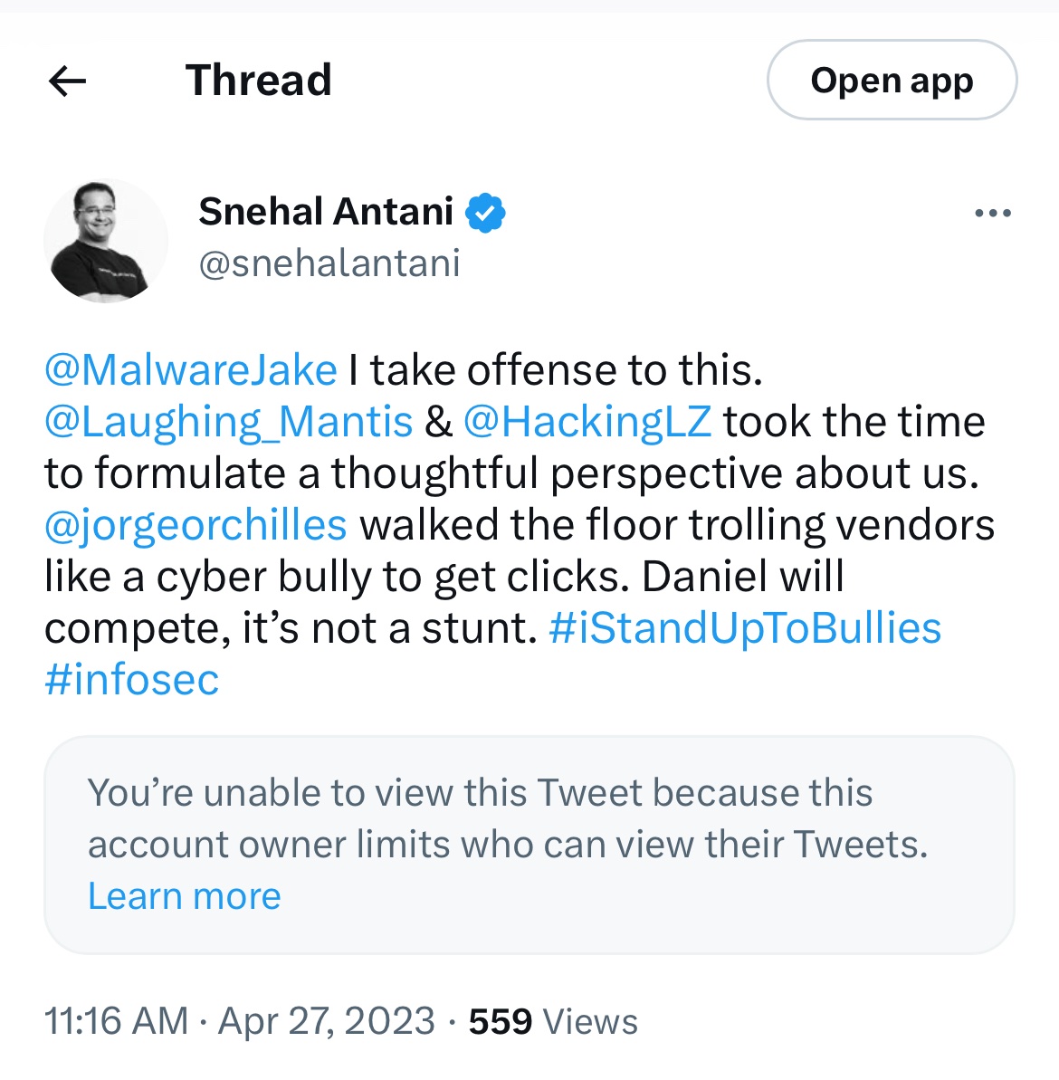 Don’t care about the RSA Drama, but it looks like Twitter just made changes to it’s protected account code.

When I click a qt of someone private, I can see the private tweet for a moment before it gets blocked.
