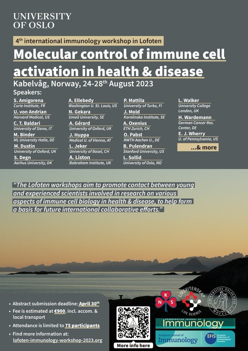 The 4th International Immunology Meeting in Lofoten has an exciting lineup of speakers - check it out 👇😁Application deadline this Sunday, 30th April! lofoten-immunology-workshop-2023.org