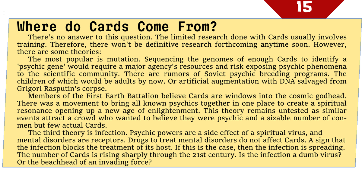 Where Do Cards Come From? Sidebar Page 15
I don't want a definitive answer for this question. I feel settings loose their magic when every who what where and when is answered. Especially at the meta level.
#TTRPG #FateRPG #ESPionageDevLog