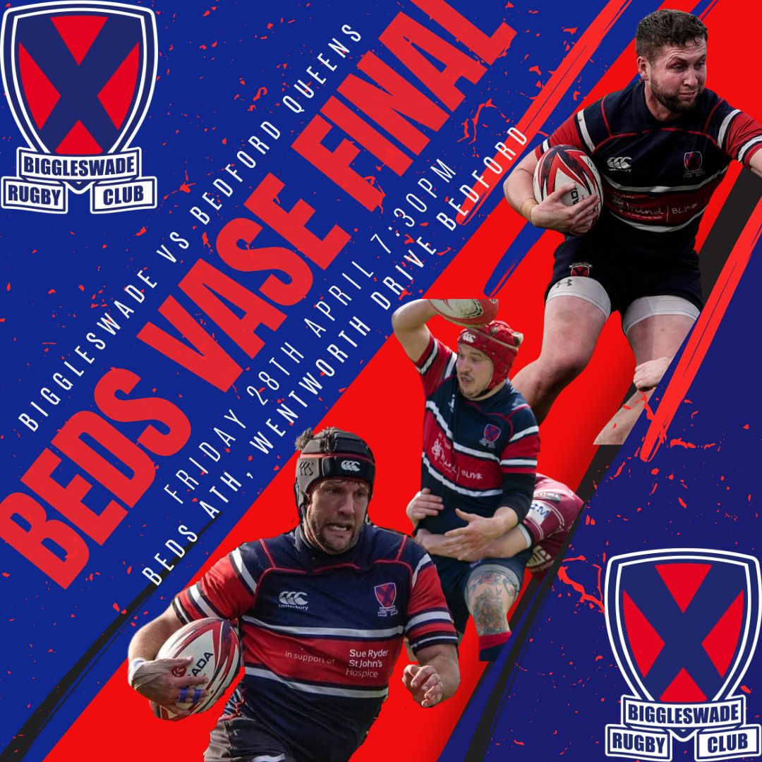 Biggy Men's 1sts are hoping to win some silverware away from home tomorrow night, when they play Bedford Queens in the Beds Vase Final. Good luck, lads!
🏉 Biggleswade Men's 1sts v Bedford Queens 
(AWAY)
📅 Friday 28 April
🏟️Bedford Athletic, Wentworth Drive, Bedford
🕢 KO 7:30pm