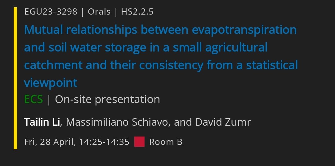 Jsemterrence's tweet photo. 🌱💧Curious about the intriguing interplay between evapotranspiration &amp; soil water storage in agricultural catchments? Don't miss my presentation on "Statistical Insights into Evapotranspiration-Soil Water Storage Relationships" 
📍HS2.2.5 Room B 🕒 14:25
#EGU23 #hydrology https://t.co/uedyGwiGCv