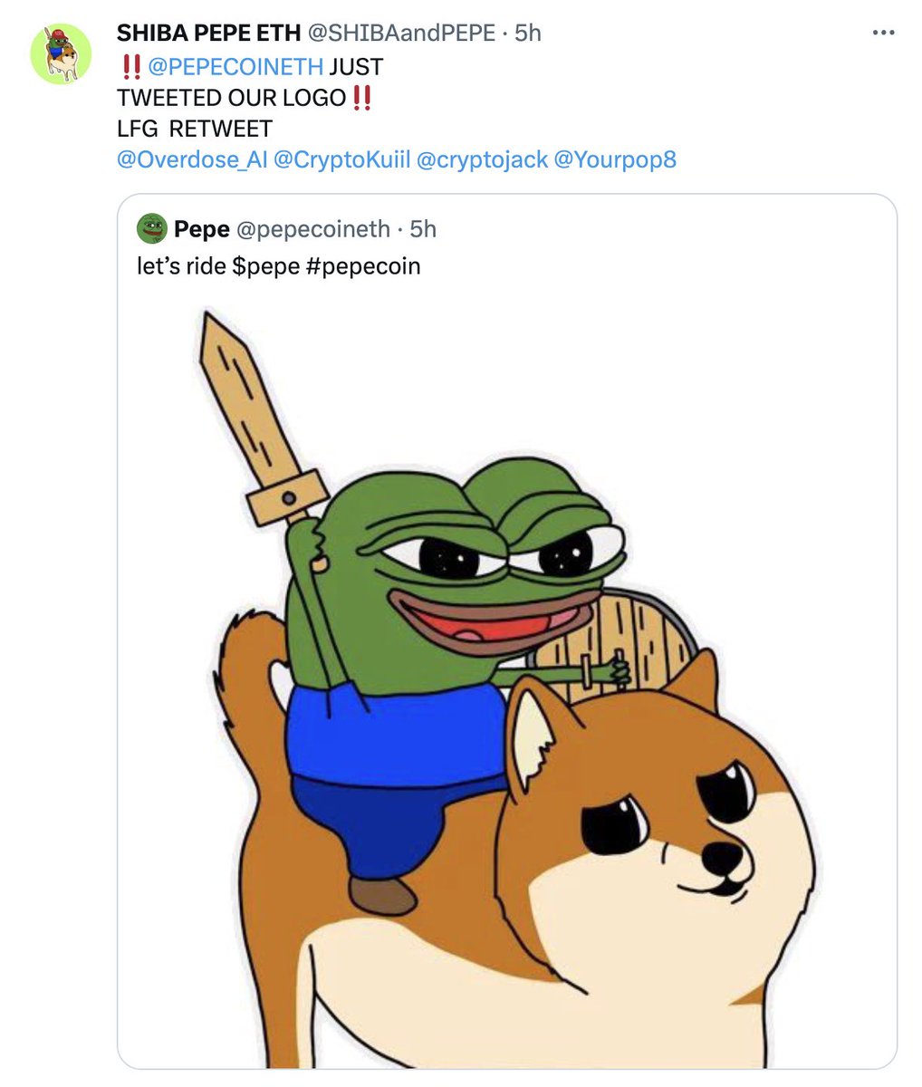 To clarify our whole team did not launch @SHIBAandPEPE but our lead dev did assist with their launch and advising them. Its doing amazing and something fun for meme season. DYOR ohh and @pepecoineth tweeted their logo today. #eth #btc #memes #pepe #shiba