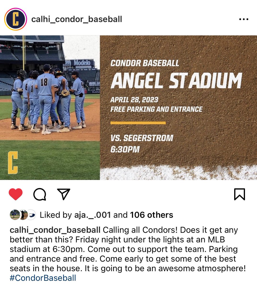 Our Lady Condors are looking forward to supporting our <a href="/condor_baseball/">Cal High Baseball</a> team tomorrow at Angel Stadium at 6:30pm. This will be their last game of the regular season before playoffs begin next week. 🦅⚾️ <a href="/CalHiAthletics/">Cal High Athletics</a>