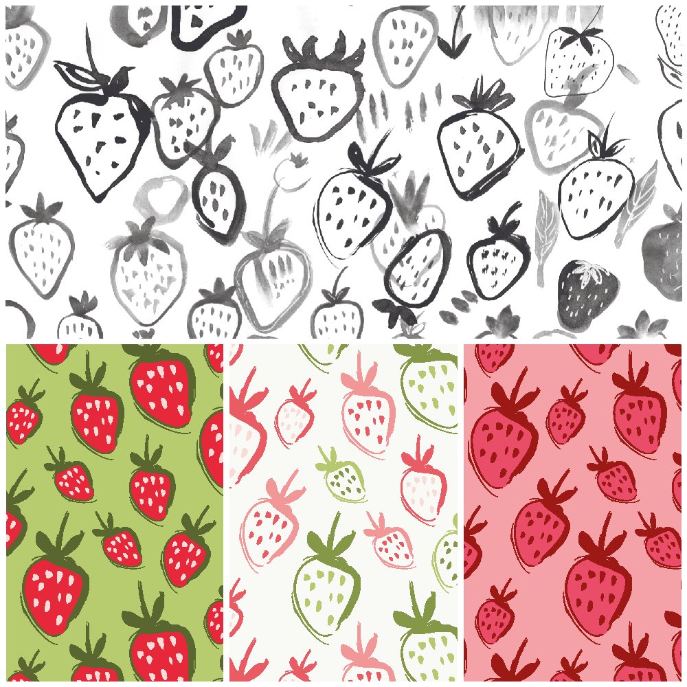 DinkyBeavers's tweet photo. Here is a behind the scene photo. Can you spot the one strawberry we used to create these patterns? 

#strawberries #surfacepattern #summer #fabric #design #illustration #dinkybeavers https://t.co/blGZxaY94A