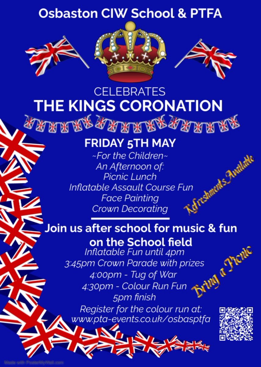 OsbastonPTFA's tweet photo. ๐ We are celebrating the King's Coronation in style! ๐
๐
Friday 5th May
๐ดโช๐ต Children can wear red, white and blue to school. ๐ดโช๐ต
More info below ๐๐ป.
#osbasptfa #PTFA #fundraising #coronation #coronationparty #Coronation2023 #kingscoronation #kingscoronation2023 https://t.co/YBgHZdfihQ