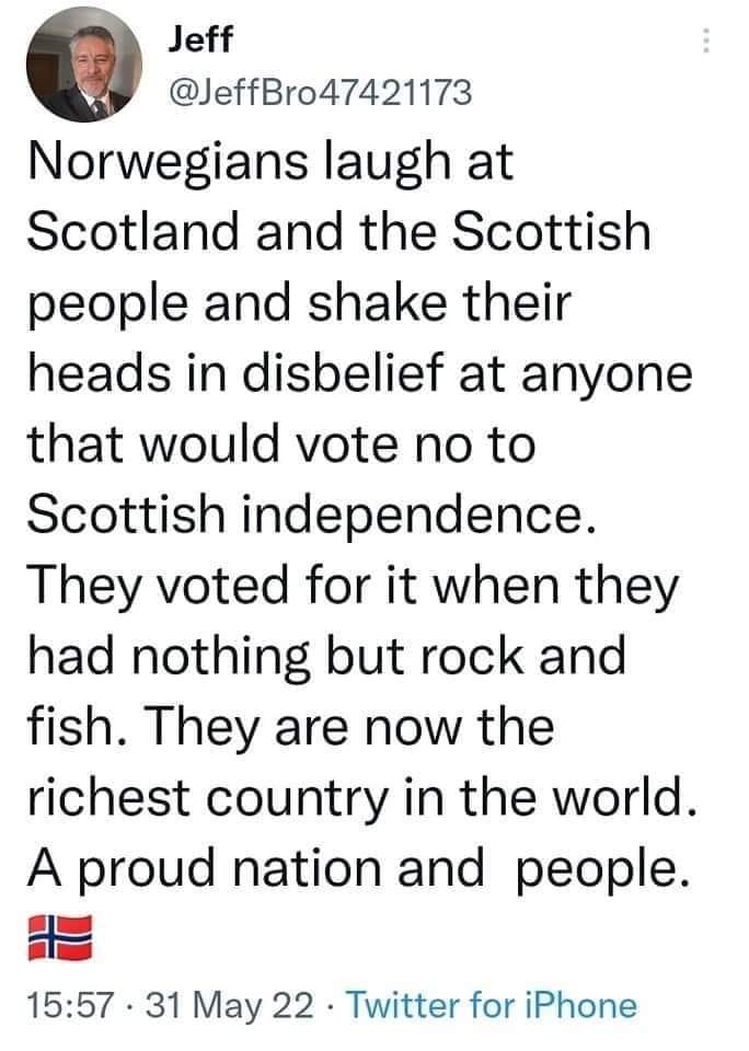 Just look at all the other 'Smaller' countries have achieved by gaining their Independence, Then look at how our country is being run down &amp; neglected, Not because we have one hand tied behind our backs, Because our democracy is being throttled &amp; denied to us. 
#WhyNotScotland🏴󠁧󠁢󠁳󠁣󠁴󠁿