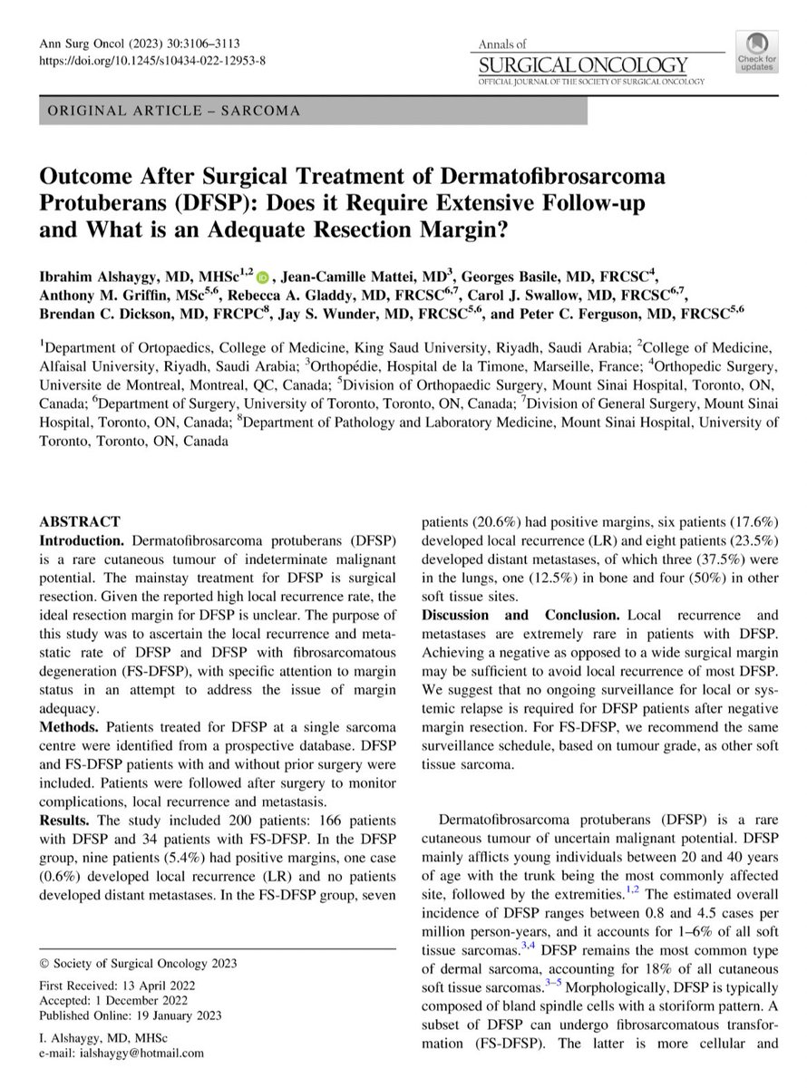 AndrewFlemingMD's tweet photo. Really interesting study in @AnnSurgOncol on margins and surveillance in dermatofibrosarcoma protuberans with and without fibrosarcomatous degeneration. FS-DFSPs had much higher rates of margin positivity, local recurrence, and distant metastases. @SocSurgOnc #DFSP https://t.co/Q0Sj6DQEYo