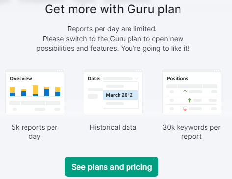 serpdesign's tweet photo. @semrush Hello, I am on the "Pro plan trial" and each time I expand on my Keywords organic research, I am prompted with this message(see image)

Do I really need a Guru plan to check on my keywords rankings? what changed? https://t.co/vewRWIKU9A