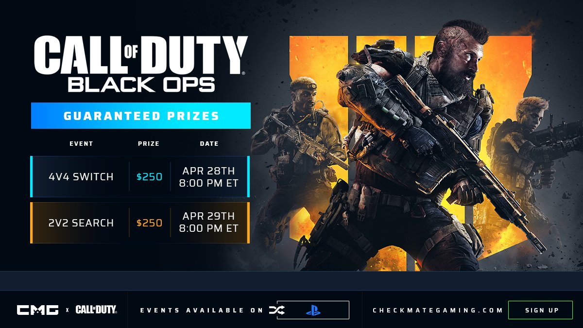 CMG_Esports's tweet image. 🏆 GUARANTEED PRIZE BLACK OPS 4 TOURNAMENTS 

4v4 $250 Switcharoo » checkmategaming.com/tournament/ps4…

2v2 $250 SnD » checkmategaming.com/tournament/ps4…

#CMG #BlackOps4 #Switcharoo