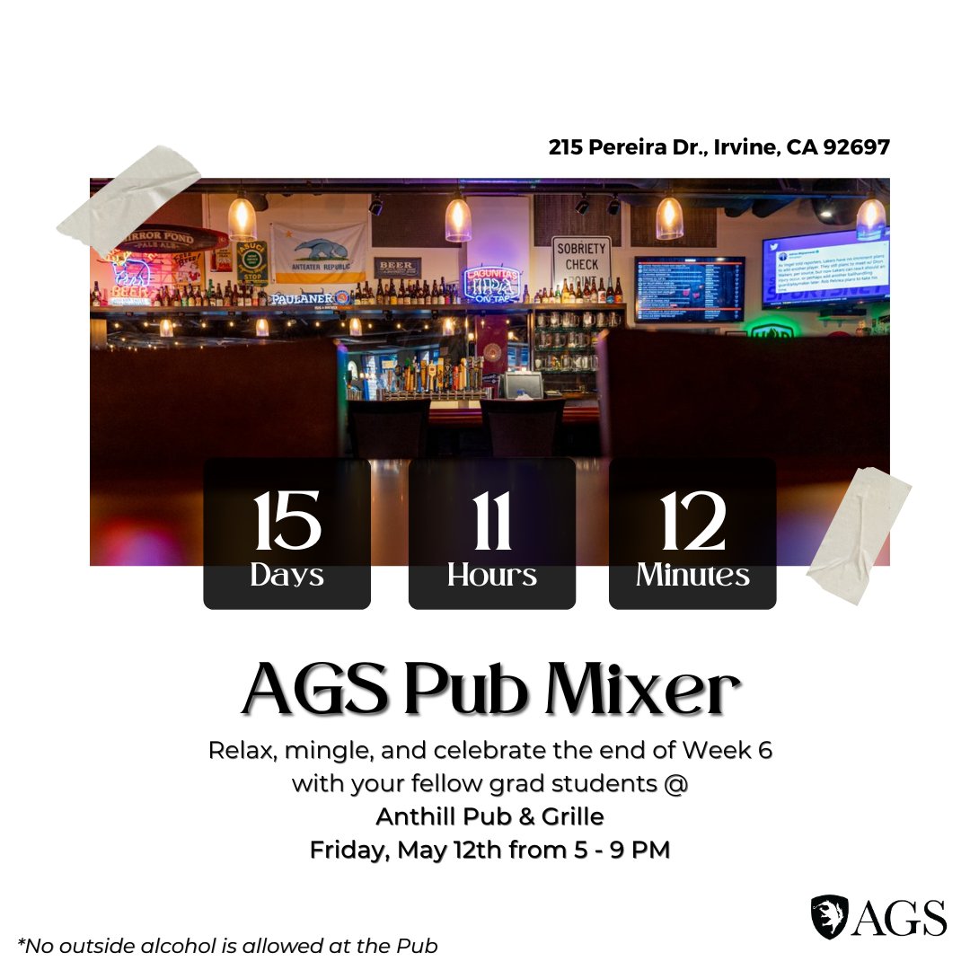 agsuci's tweet photo. UPCOMING EVENT: AGS Pub Mixer 🍻

Relax, mingle, and celebrate the end of Week 6 with fellow graduate students at the Anthill Pub &amp; Grille, Friday, May 12th from 5 - 9 PM! 

* Please note no outside alcohol is allowed at the Pub https://t.co/OTA55RN7Wn