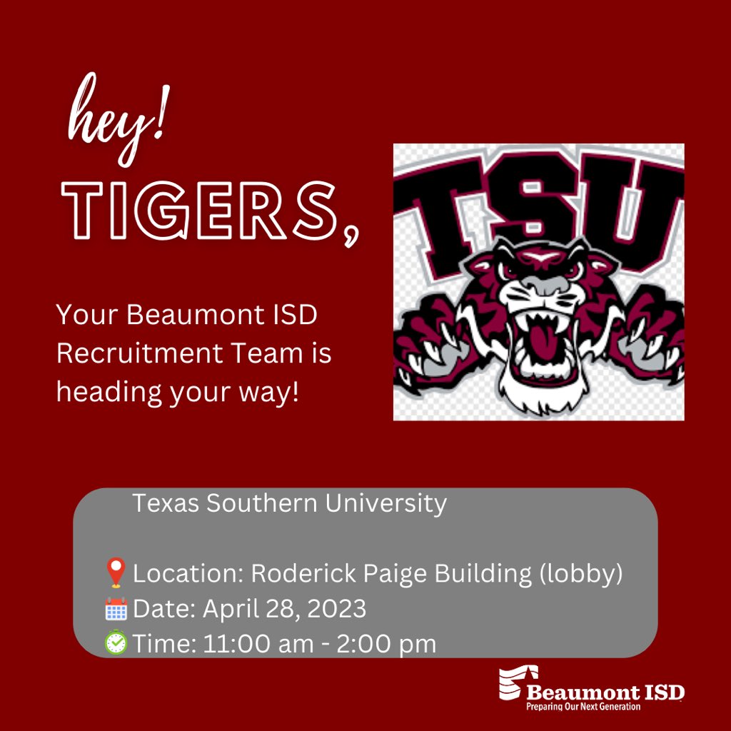 BeaumontISD's tweet photo. #TSU! #BMTISD is coming for you!
Look for us tomorrow at your job fair!

To join our team:
https://t.co/5Lk04DRgTn https://t.co/nW5nHnW5Vh