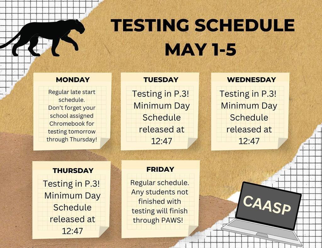 FNMSpanthers's tweet photo. Here’s our schedule for testing next week, Panthers! You must have a school issued Chromebook for this, so please come prepared! Testing will be done through Period 3 🐾 https://t.co/0fHliUluP5 https://t.co/wZ5PUIBwPW