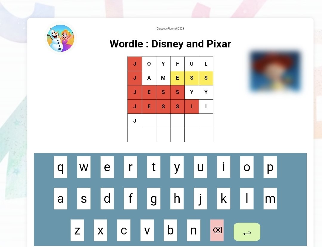 🌟 Introducing our Disney &amp; Pixar-themed Wordle! 🎉🎬

🧩 Test your knowledge and spelling skills with your favorite characters! 🦁🚀

👉 Play now and join the fun: classedeflorent.fr/en/games/wordl… 🕹️😄

#Wordle #Disney #Pixar #OnlineGame