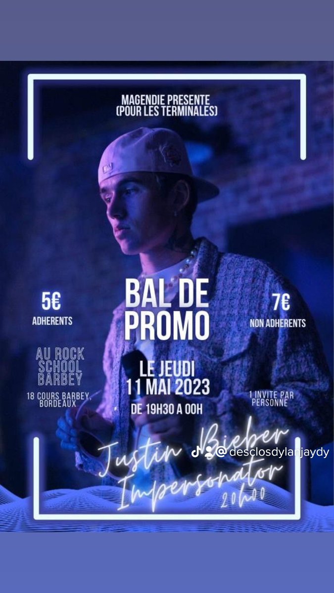 DesclosDylan's tweet photo. C’est officiel ! Je vous donne rendez-vous le 11 mai 2023 a partir de 19h30 au Rock School Barbey à Bordeaux!
Le show aura lieu durant le Bal de promo organisé par le lycée Magendie.
On vous y attends nombreux !! 🥳🥳
#jaydytour #bordeaux #baldepromo #etudiant #Jaydy #bieber https://t.co/h2G9yW8nwe