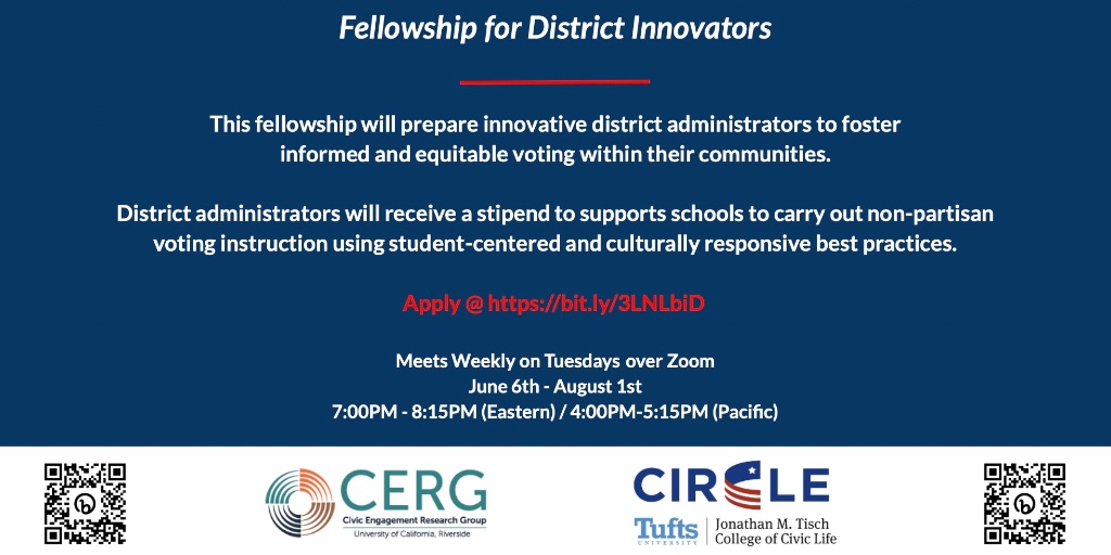 Join CERG &amp; <a href="/CivicYouth/">CIRCLE</a> for our summer #fellowship on Educating for Informed &amp; Equitable Voting. We are looking for innovative #district #administrators who want to support non-partisan voting instruction in their #schools. Apply today: bit.ly/3LNLbiD #edchat #sschat