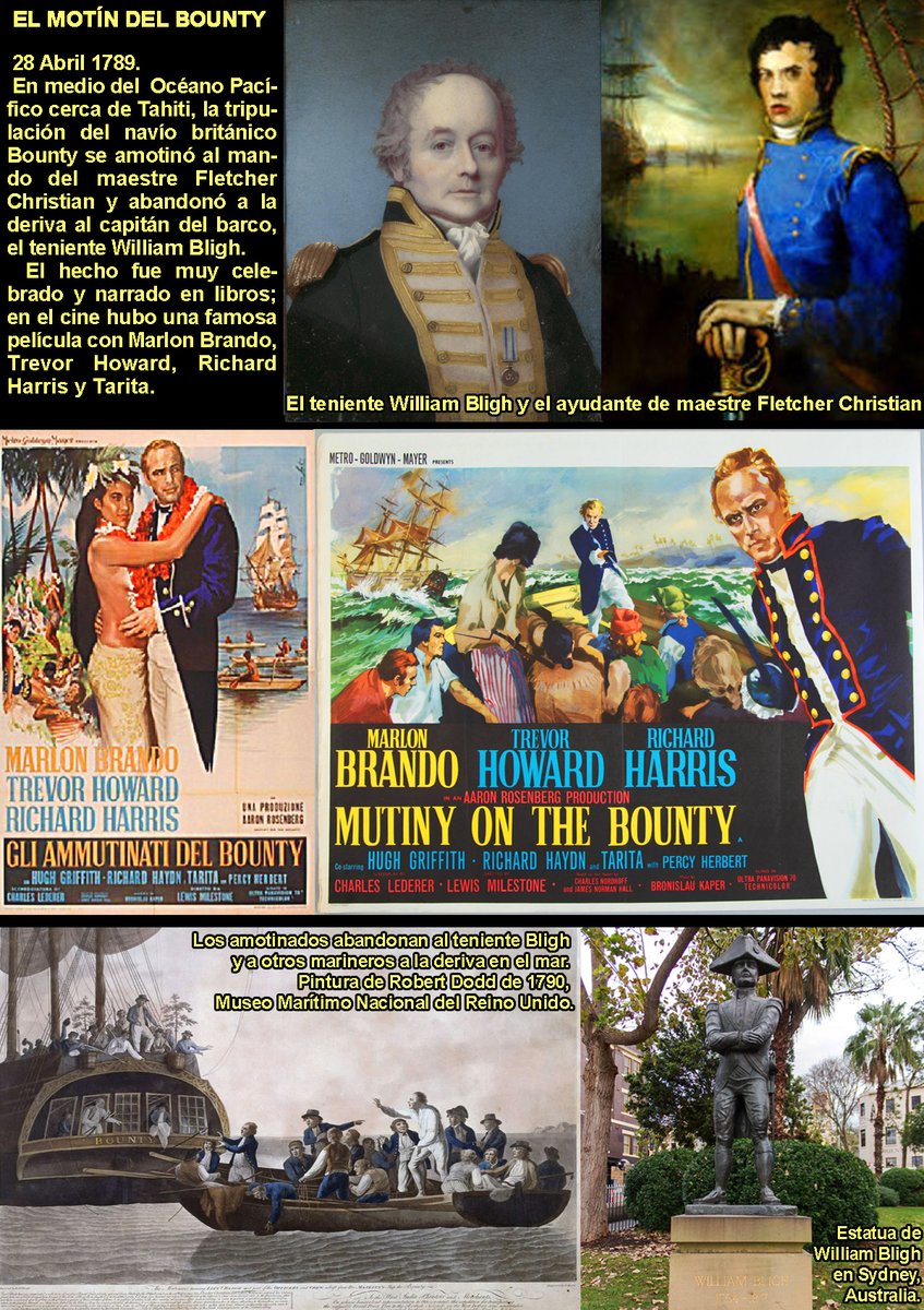 JostoMaffeo's tweet photo. ⛵ ⚔️ EL MOTÍN DEL BOUNTY 🎞️
28 Abril 1789. En el #Pacífico cerca de #Tahiti, la tripulación del navío británico #Bounty se amotinó al mando del maestre Fletcher #Christian y abandonó a la deriva al capitán William #Bligh.
Fue narrado en libros; en el cine con Marlon #Brando https://t.co/2fFxYibkes