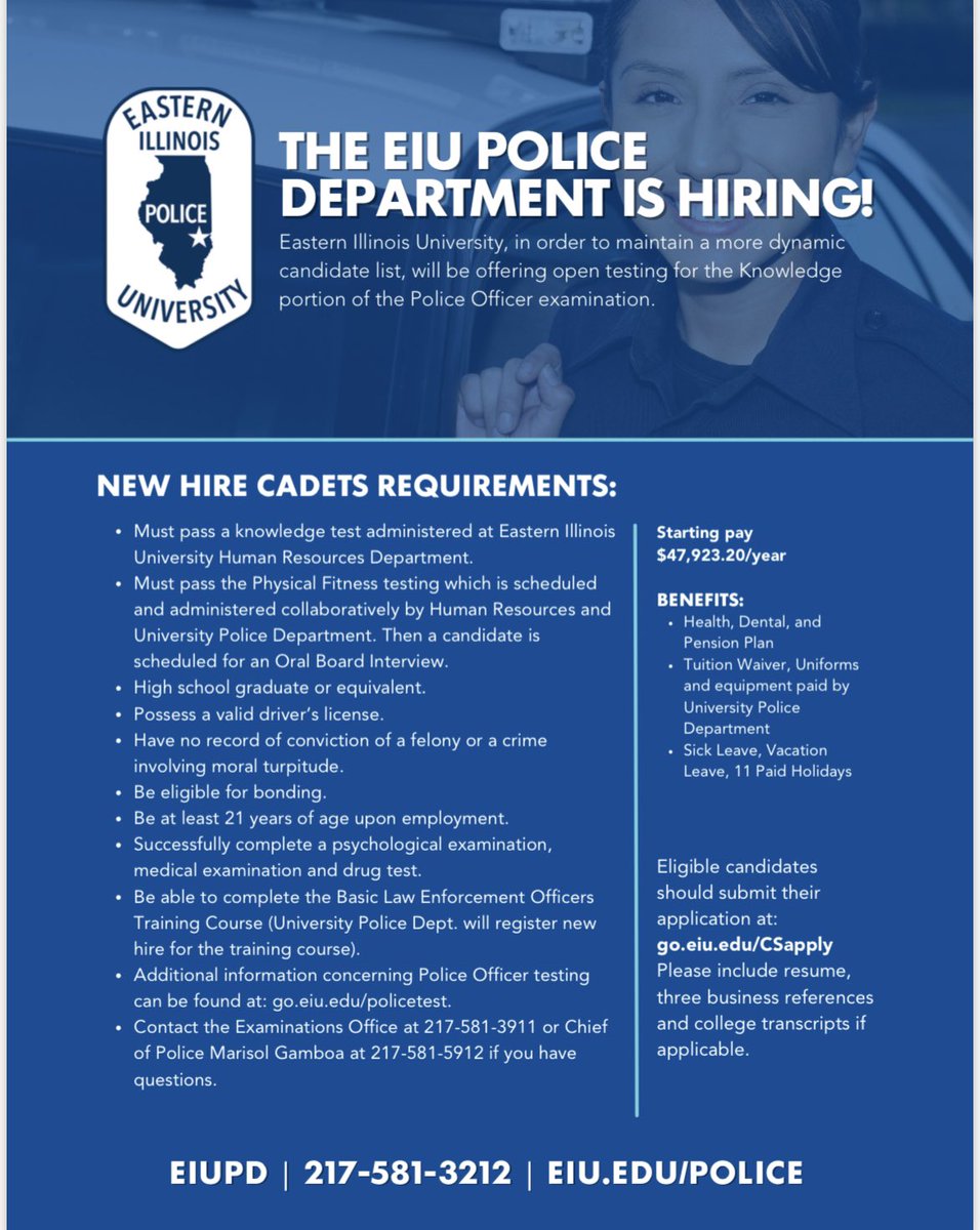 EIU Police Department (@eiupolice) on Twitter photo Interested in a Police career? First step is a physical fitness test. The Police Department at EIU has scheduled a physical fitness test on May 12th 9:00 am, location is the EIU recreation center. For more information call 217-581-5912 or send an email to police@eiu.Edu Interested in a Police career? First step is a physical fitness test. The Police Department at EIU has scheduled a physical fitness test on May 12th 9:00 am, location is the EIU recreation center. For more information call 217-581-5912 or send an email to police@eiu.Edu