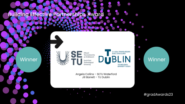 gradireland's tweet photo. Congratulations to both @careers_SETUWD and to @WeAreTUDublin on winning the @AHECSHEcareers Award for Building Effective Partnerships #gradAwards23 https://t.co/OoyvjkmBPW