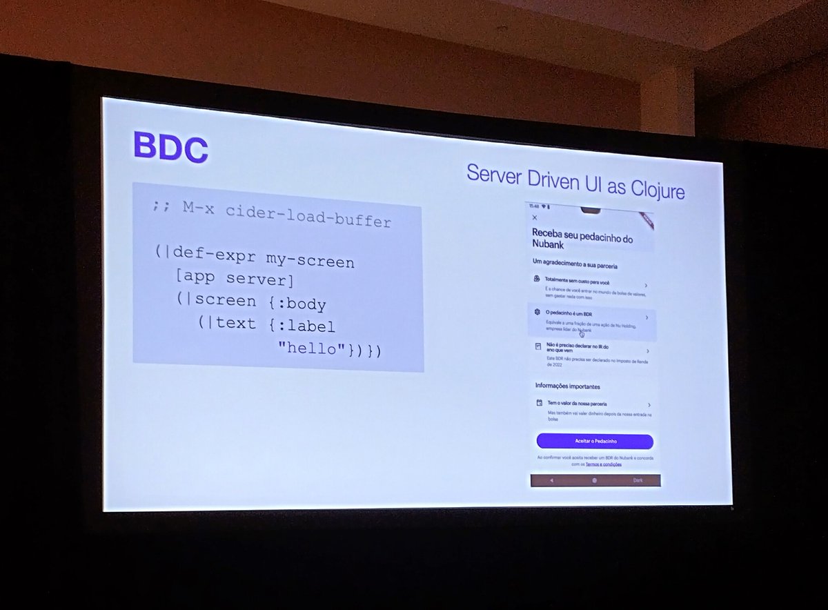 joelittlejohn's tweet image. Interesting to hear from @bltavares about the @Nubank approach to Backend Driven UI in their mobile apps (similar to Airbnb) at #ClojureConj