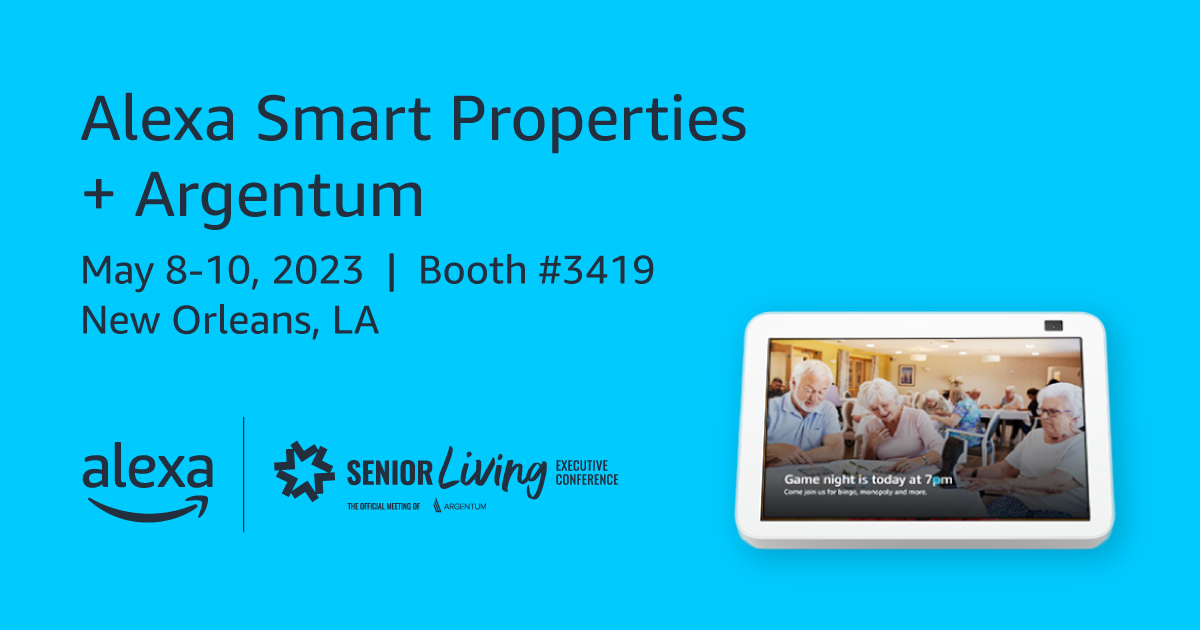alexadevs's tweet photo. Alexa Smart Properties is the future of senior living. Next week, our team will be at @Argentum Senior Living Executive Conference in New Orleans to showcase how Alexa devices and services can positively impact the lives of seniors and the teams that care for them! https://t.co/Hk6wFYKtOH