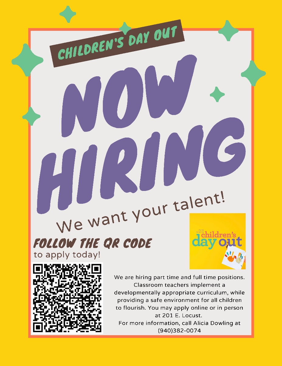 Our Children's Day Out program is now hiring! Scan the QR code to apply today! #dentontx #dentonjobs- mailchi.mp/ce46c0f9bf87/w…