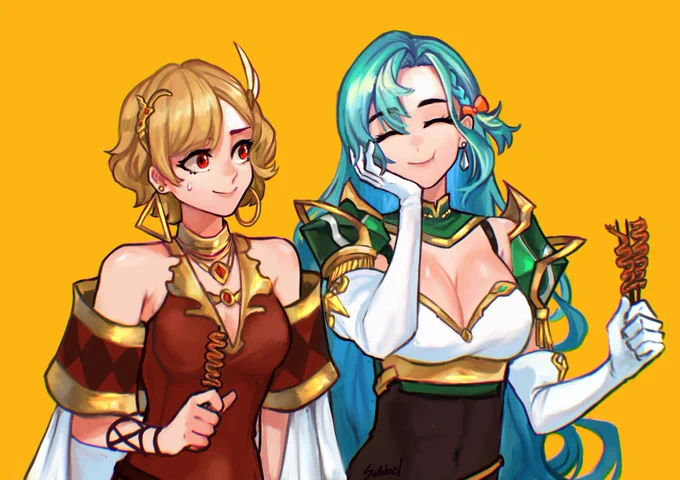Citrinne and Chloé eating folk food(isaw)! #FireEmblemEngage