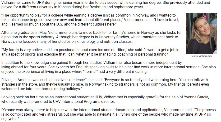 UHVIntlStudents's tweet photo. Congratulations to Selina Vidhammer for being awarded the Outstanding Undergraduate of the Year award by CLASS! Selina joined our Women's Soccer #UHVJaguars team from #Norway in 2021. Check out the full article here: https://t.co/q8Iz1z8bdb #UHV #UHVInternational #intlathlete https://t.co/BTg6FQeSbi