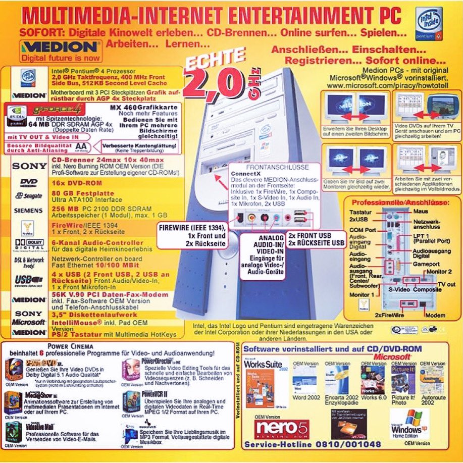 Nicht nur in 🇩🇪 durfte man sich für echte 2GHz von Medion die Beine in den Bauch stehen. Auch in 🇦🇹 war das bei Hofer durchaus möglich! 

#aldi #aldipc #geforce4 #pentium4 #hoferösterreich