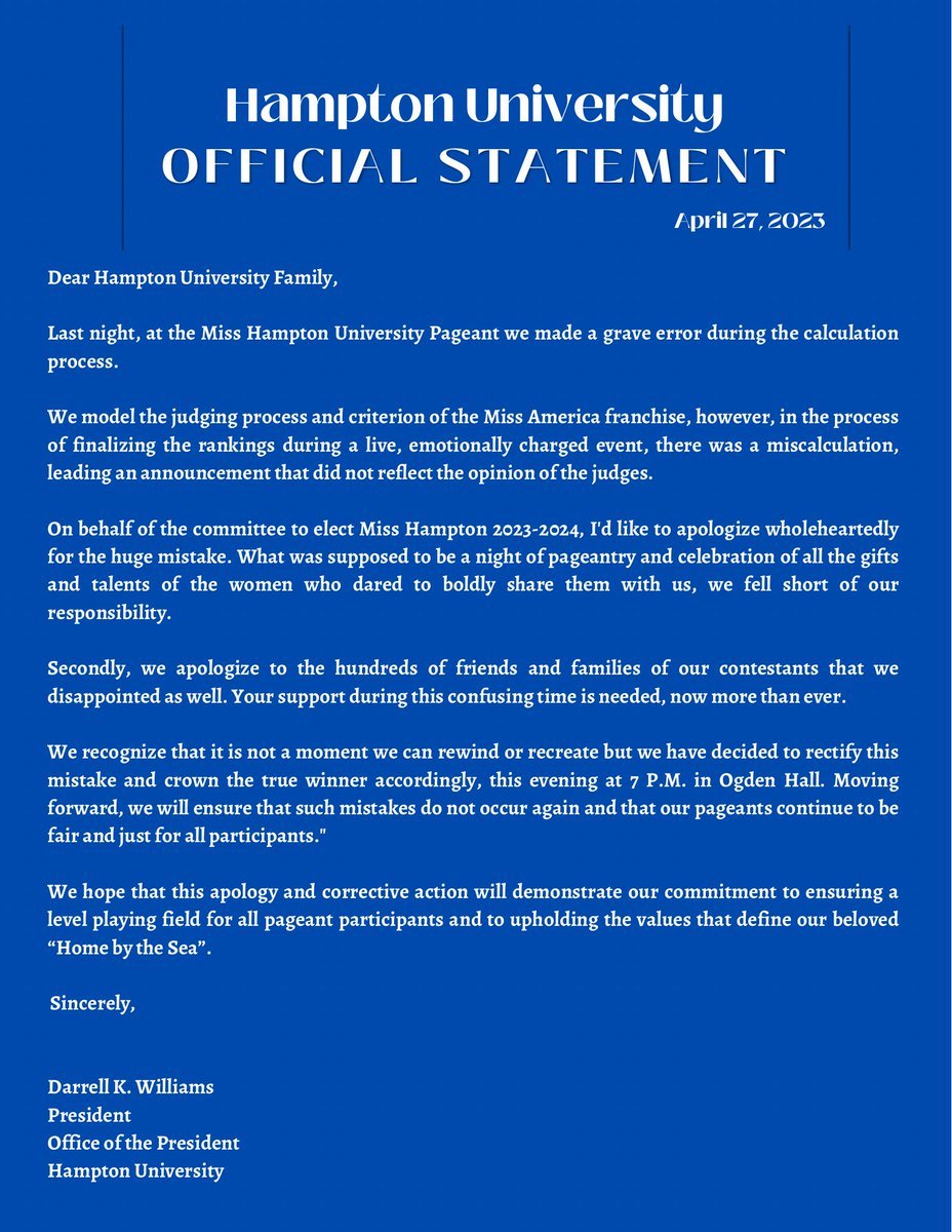 Hampton University Official Statement.