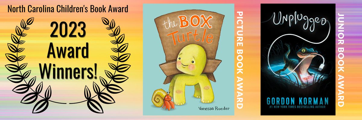 The NCCBA committee is proud to announce the 2023 winners! Children throughout #NorthCarolina voted and the results are in! The Box Turtle by @nessadeeart wins in the Picture Book category &amp; Unplugged by <a href="/gordonkorman/">Gordon korman</a> wins in the Junior Book category. Congratulations!  #kidlit