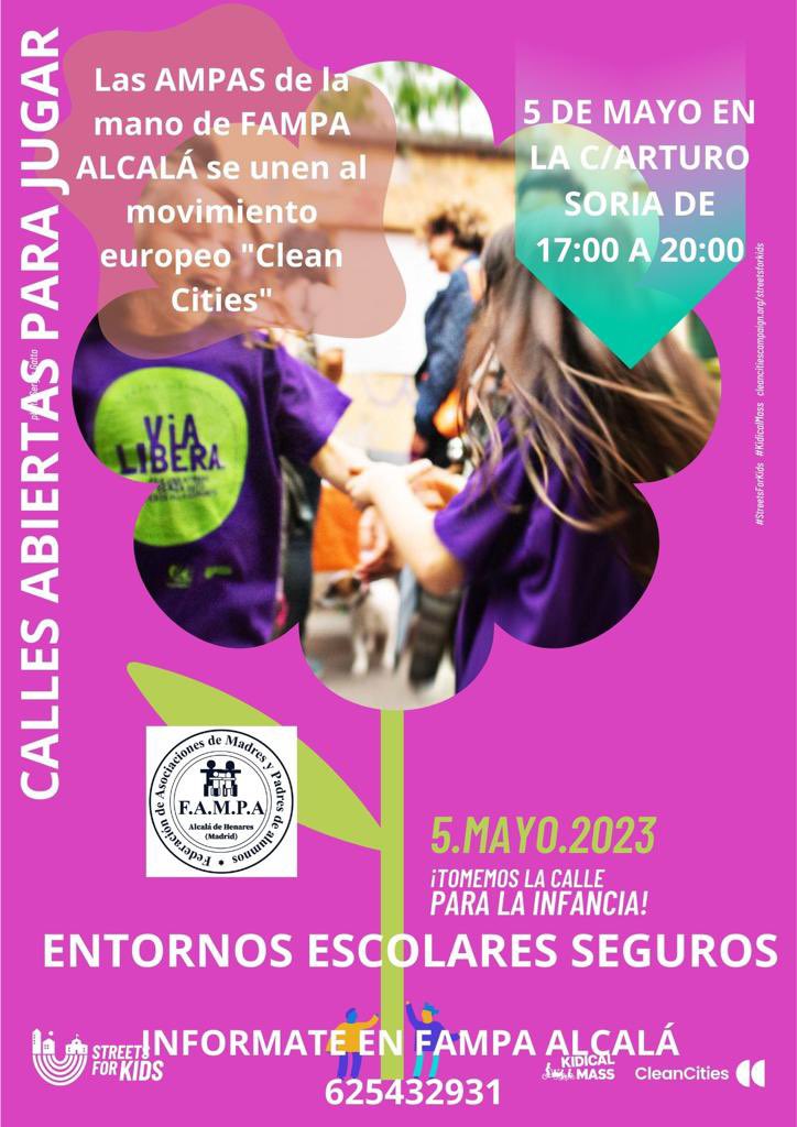 FAPAlcala's tweet photo. Alcalá de Henares en ruta de  la campaña europea “Calles abiertas para los niños” el próximo día 5 de mayo, C/Arturo Soria AMPAS-FAMPA: Bicicletada, Talleres Medioambientales, Talleres Artísticos, Circuito Vial, Gran Batucada, Urna para propuestas. ¡¡¡NO FALTES!!! https://t.co/49RieKzExr