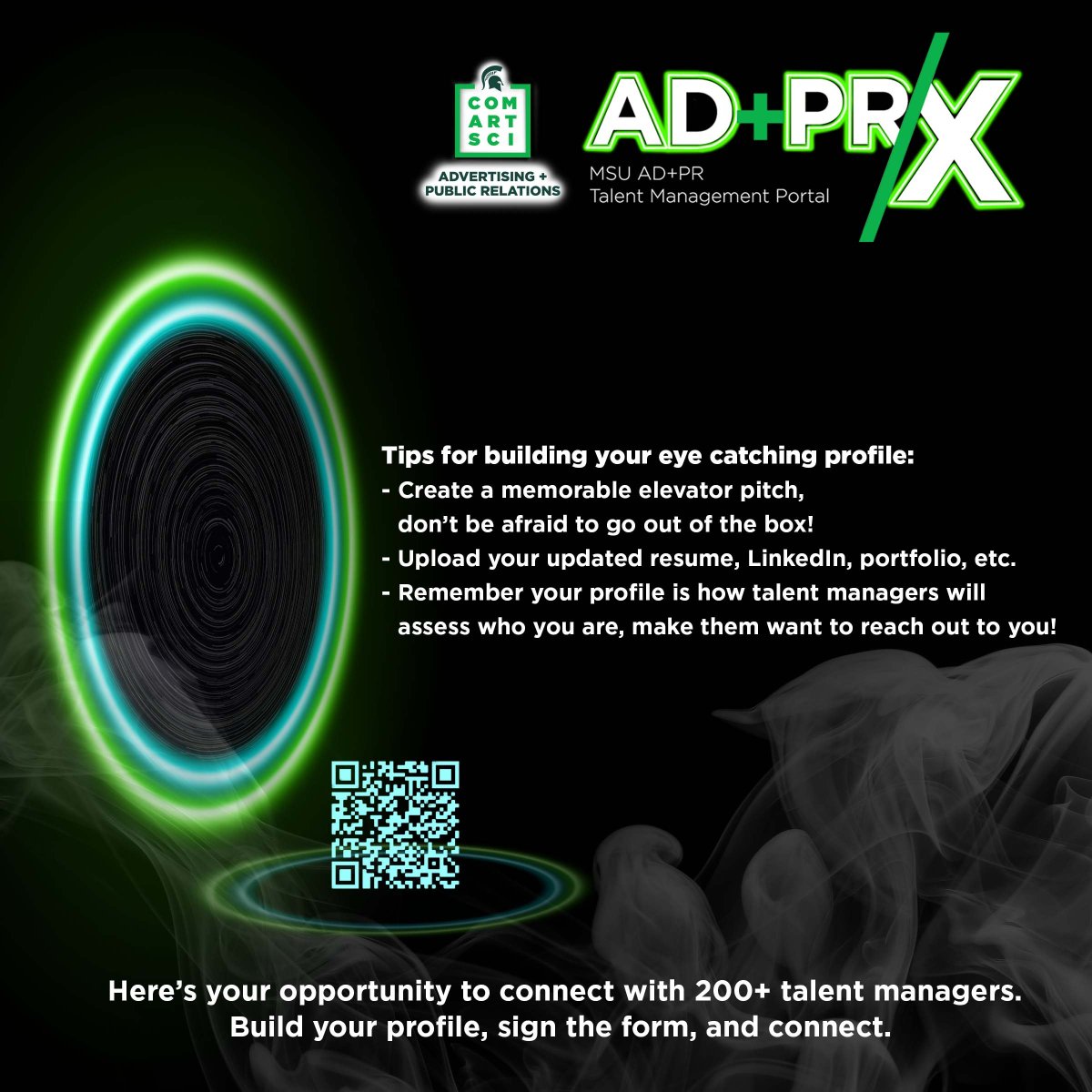 MSU Advertising + PR (@msuadpr) on Twitter photo Take a step toward a brighter future and start making promising connections with 200+ agency talent managers. Scan the QR code above to get started, or email @ADPRTalent@msu.edu with any questions. Take a step toward a brighter future and start making promising connections with 200+ agency talent managers. Scan the QR code above to get started, or email @ADPRTalent@msu.edu with any questions.