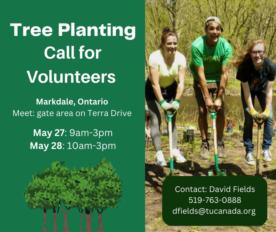 TUCanada1's tweet photo. We're excited to announce our upcoming #treeplantingevent on May 27th and 28th at the beautiful Armstrong Creek Trail.
Refreshments will be provided.
Don't miss out on this opportunity to #MakeADifference! 🌳💚
Questions? Contact David: 519-763-0888; dfields@tucanada.org https://t.co/WoY8FDvp2h