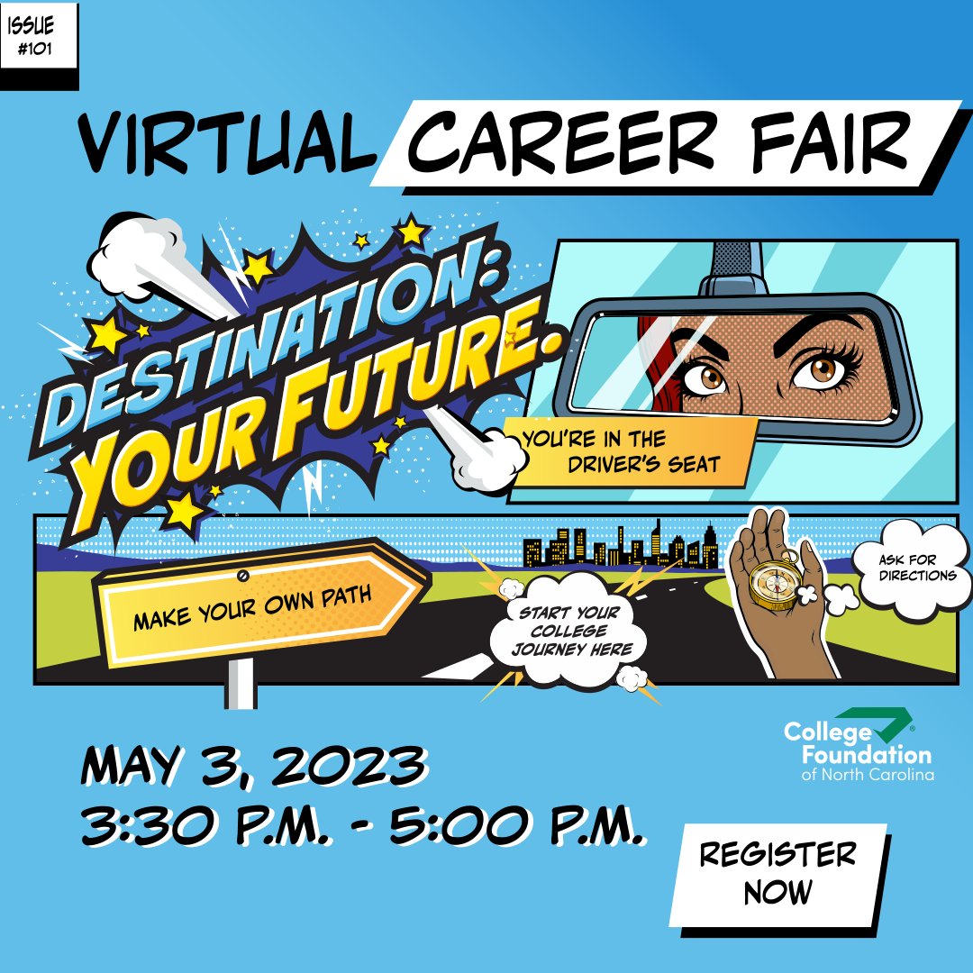 CFNC is hosting a virtual Career Fair for high school juniors (but any grade level is welcome) on May 3rd from 3:30-5pm, in a panel form, and attendees can ask questions and hear an overview of financial aid. For more info and to register: cfnc.org/events/virtual…